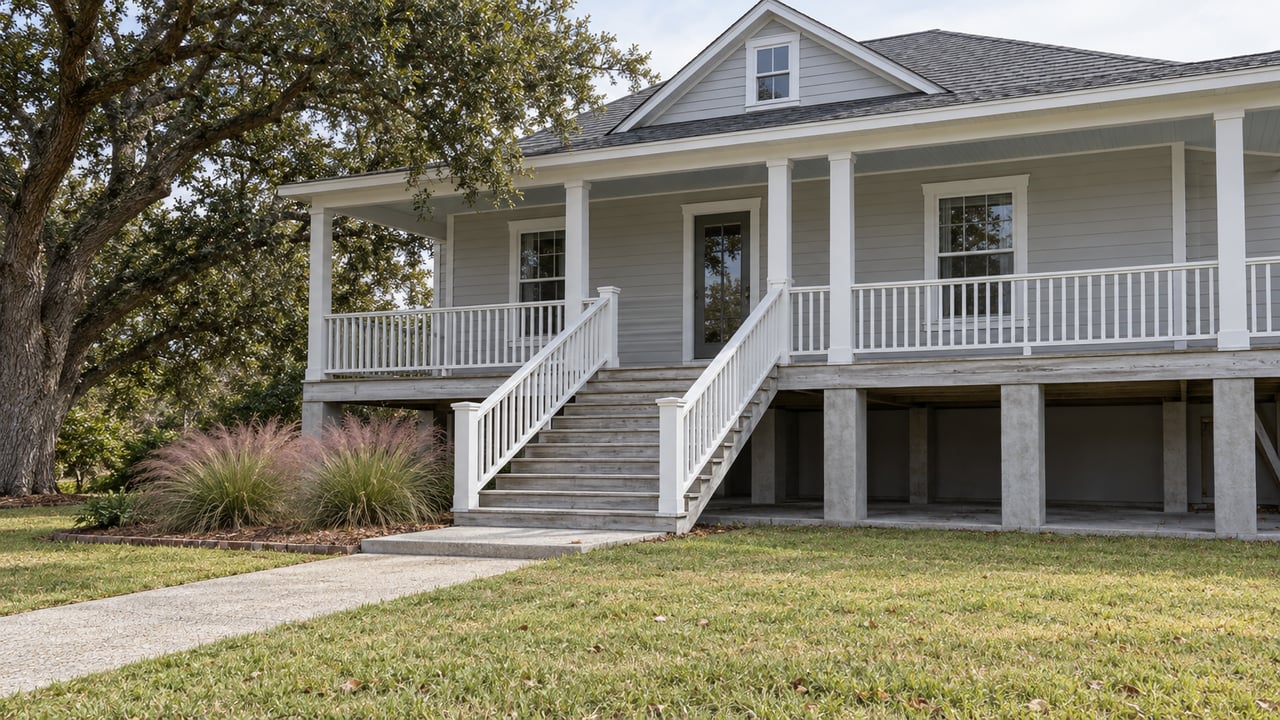 Elevated pale-gray clapboard house with a covered white-trimmed porch, weathered wooden steps, a deep lawn and a spreading live oak.