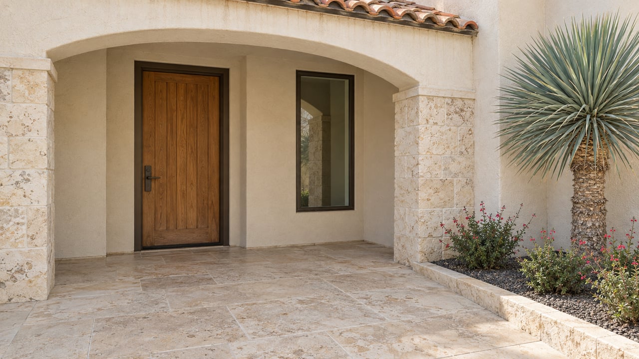 Arched stucco and limestone home entry with an oak front door, terracotta tiles, and a gravel planting bed containing beaked yucca and autumn sage.