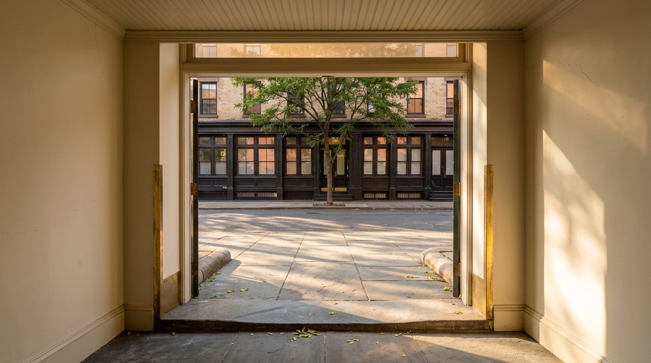 A vestibule doorway frames a bluestone threshold, street tree, and cast-iron windows across the street.