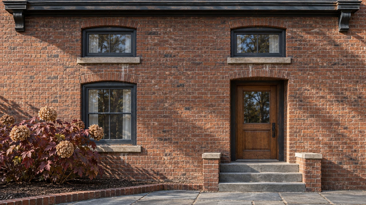 Sunlit brick home with arched sash windows, an oak front door, bluestone entry steps, and autumn oakleaf hydrangea.