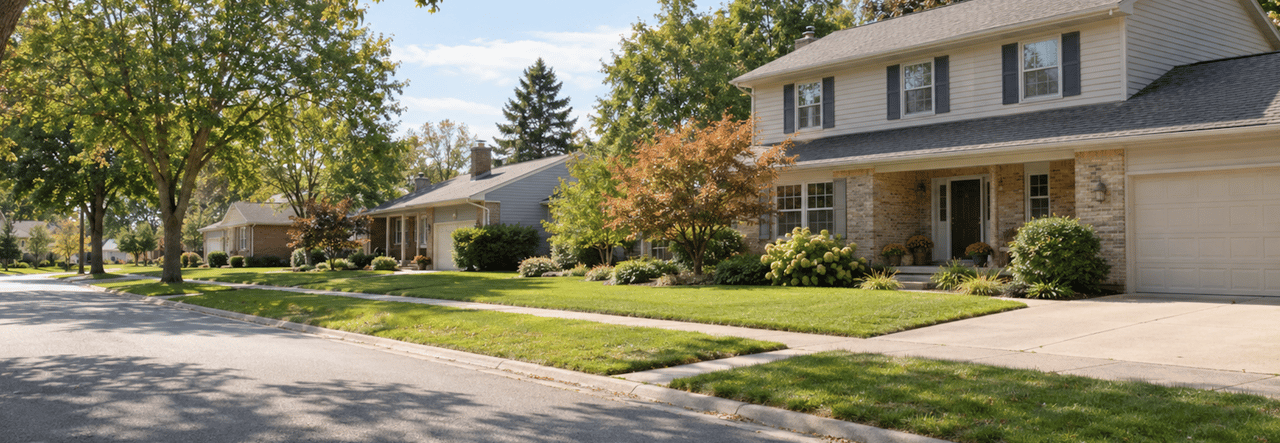 Two-story stone-accented home with an attached garage on a tree-lined residential street.
