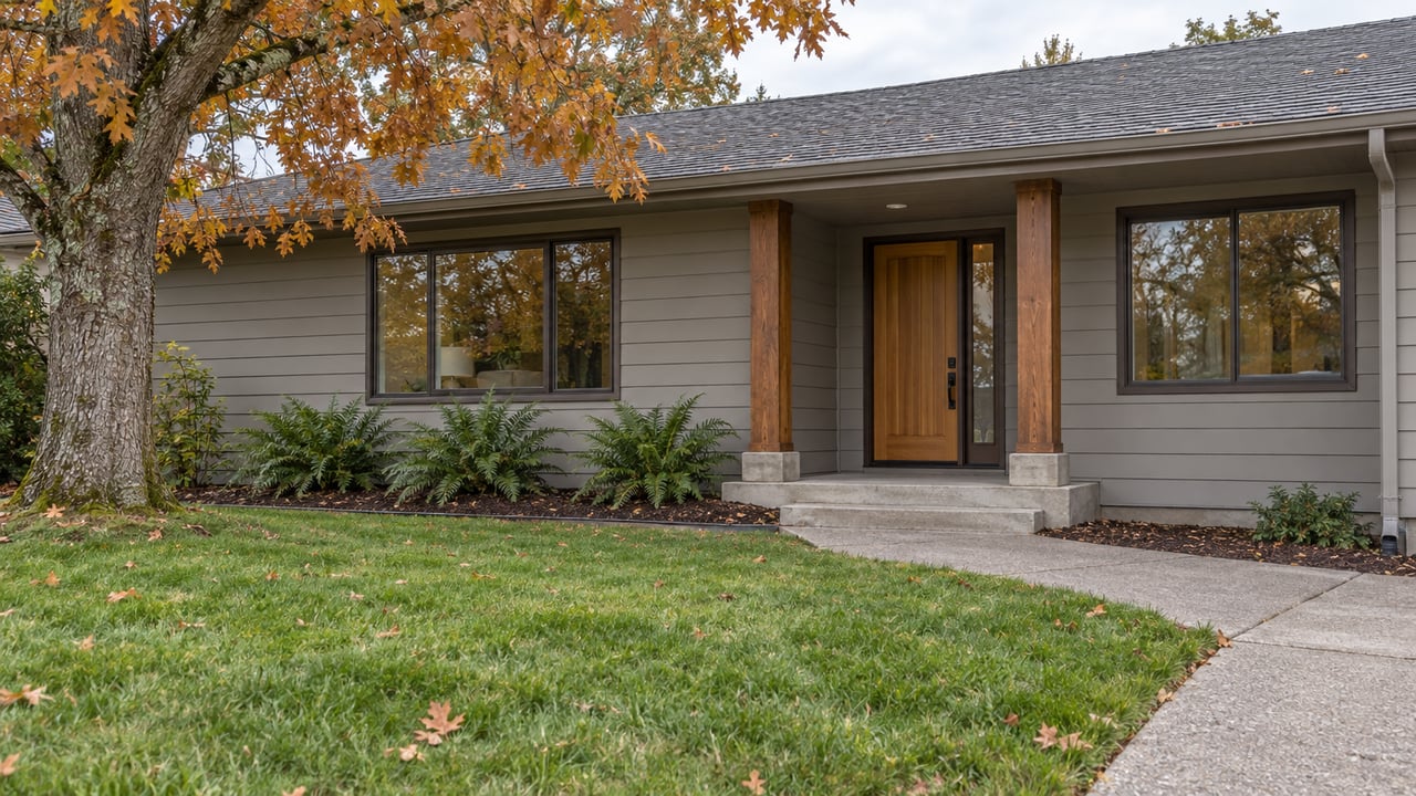 Single-story wood-sided ranch with a deep autumn lawn, oak tree and recessed timber-post entry.