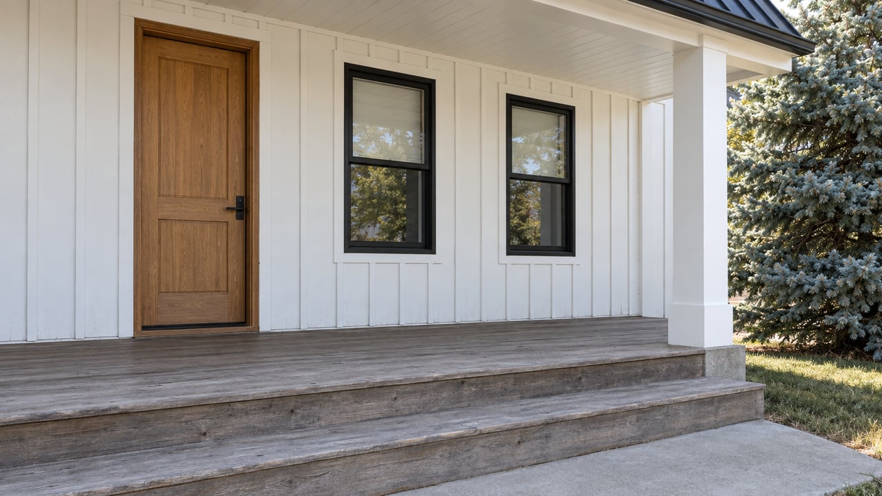 Sunlit white board-and-batten home with an oak front door, black-framed windows and weathered wooden porch steps beside a blue spruce.