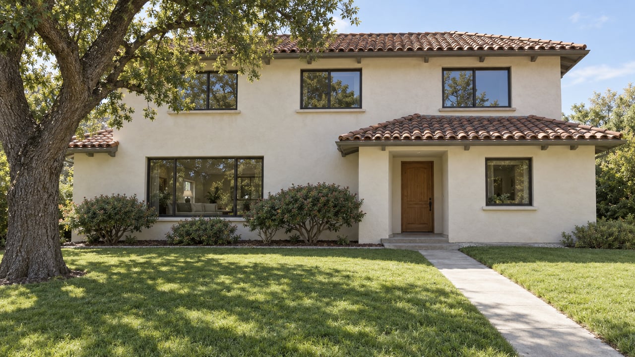 Ivory stucco home with terracotta roof tiles, bronze-framed windows, a deep front lawn and a mature oak beside the entry walk.
