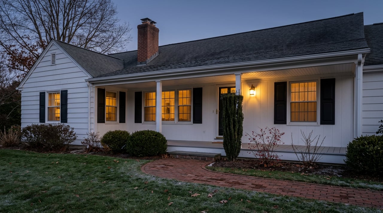 White clapboard house with glowing windows, a lit porch sconce, and a brick path across a frosty lawn at dusk.