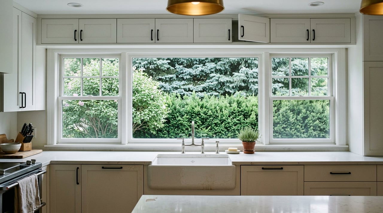 White farmhouse sink beneath a three-part window, with dense evergreens and a lilac outside.