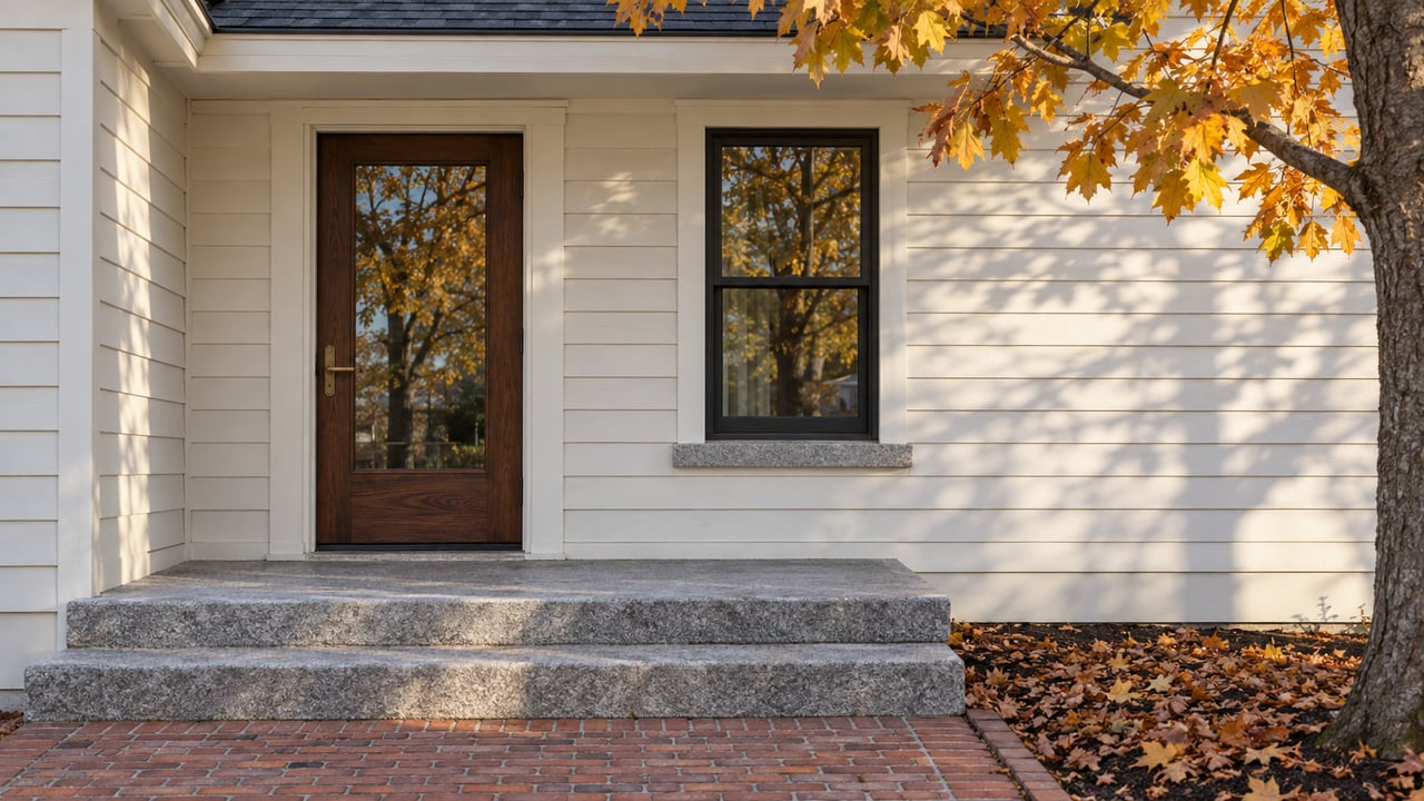 Autumn light on a glazed oak front door, off-white clapboards, granite steps and a red brick approach beneath yellow maple leaves.