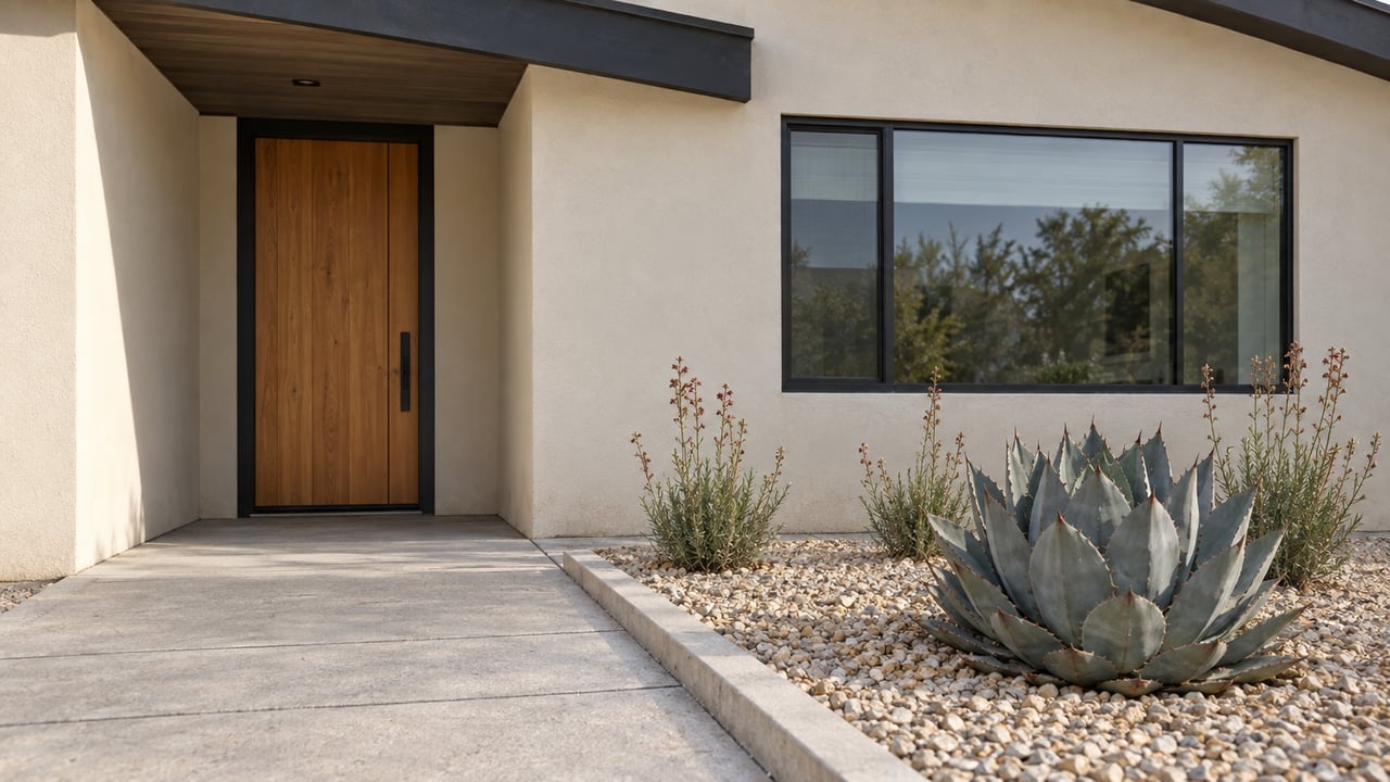 Cream stucco home entry with a honey-toned wood door, dark window frames, concrete walkway and a blue-gray agave in buff gravel.