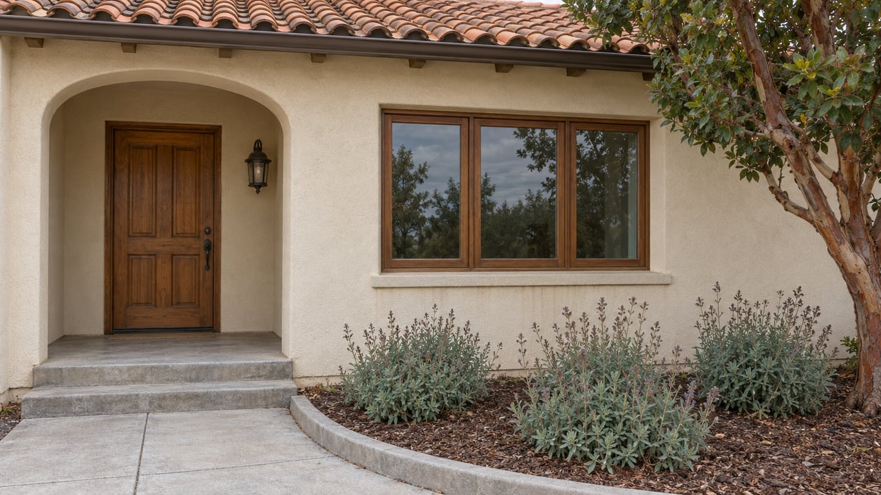 Ivory stucco home with a clay tile roof, recessed oak front door, concrete steps and a garden of sage beneath a cinnamon-barked tree.