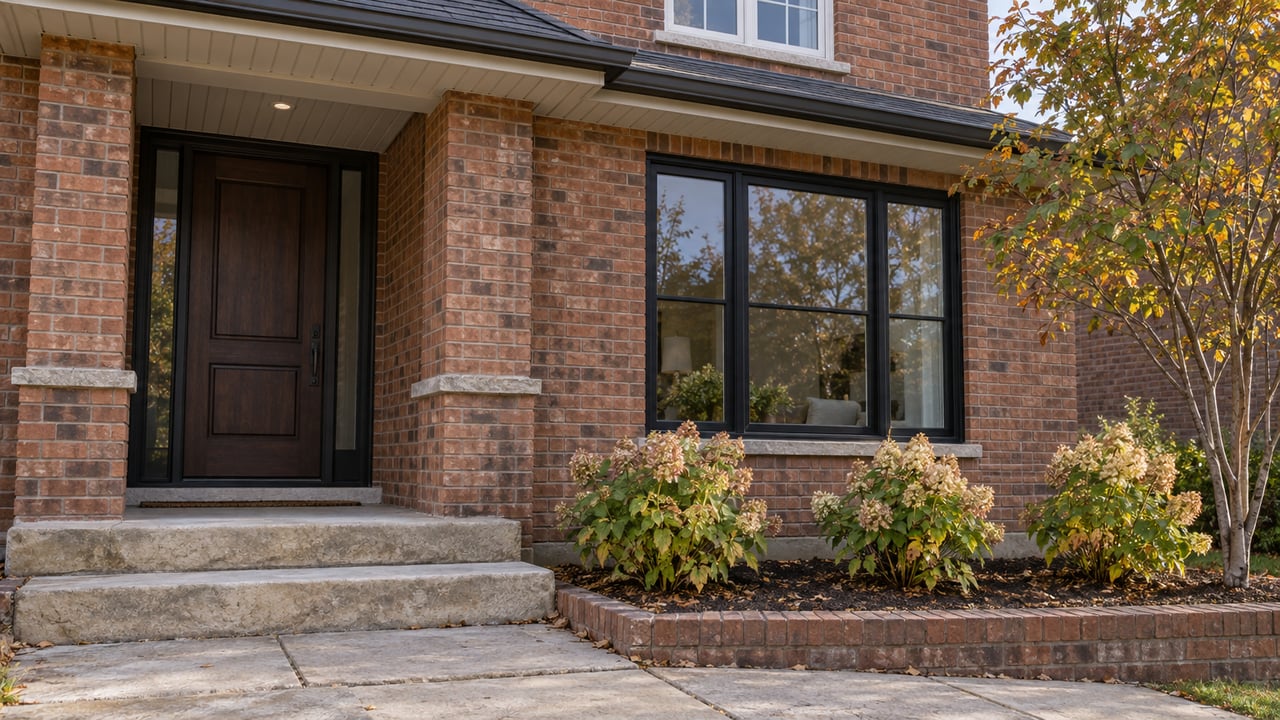Brick home with a recessed dark wood entry, black-framed window, limestone steps, and fading hydrangeas.