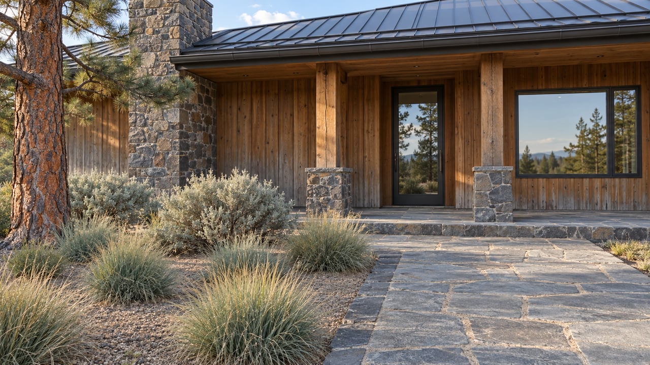 Cedar and basalt home entrance with a broad flagstone approach, native planting, and a mature pine in afternoon light.