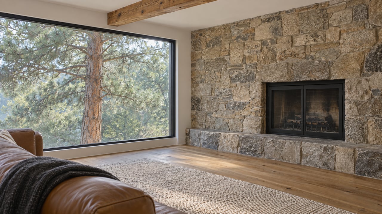 Stone fireplace beside a black-framed window with pine outside, oak floor, and tan leather sofa.
