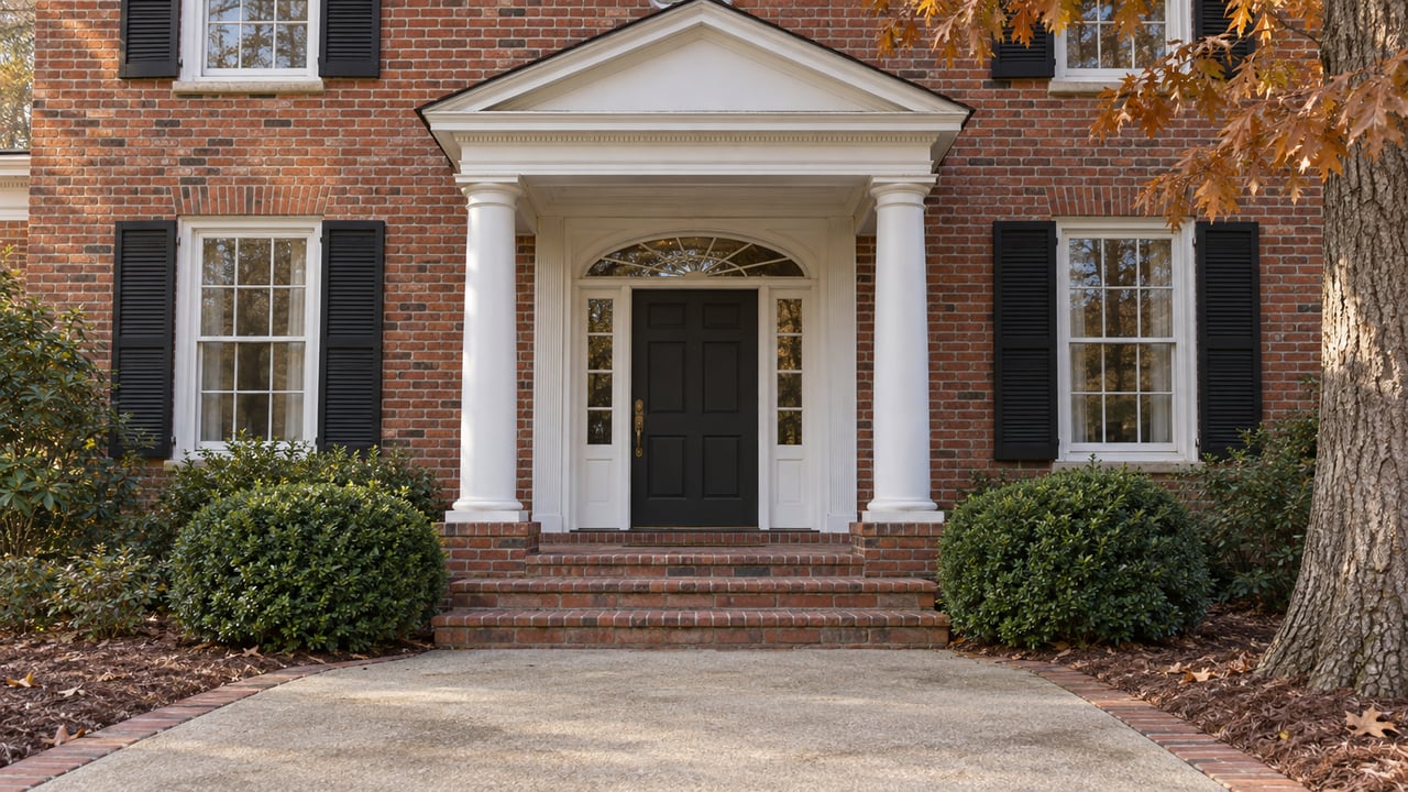 Red-brick home with a white columned entry, glazed fanlight, brick steps and clipped boxwoods in soft autumn light.