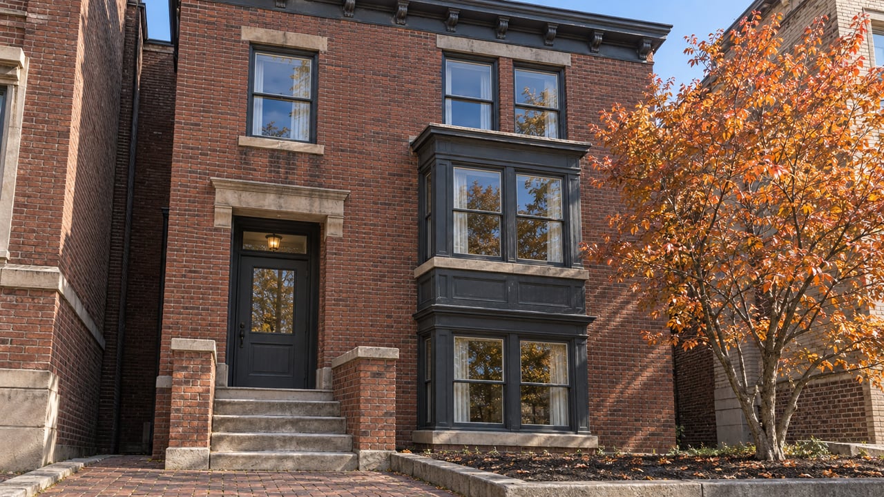 Russet brick residence with dark projecting window bays, limestone entrance steps and one copper-leaved serviceberry tree.