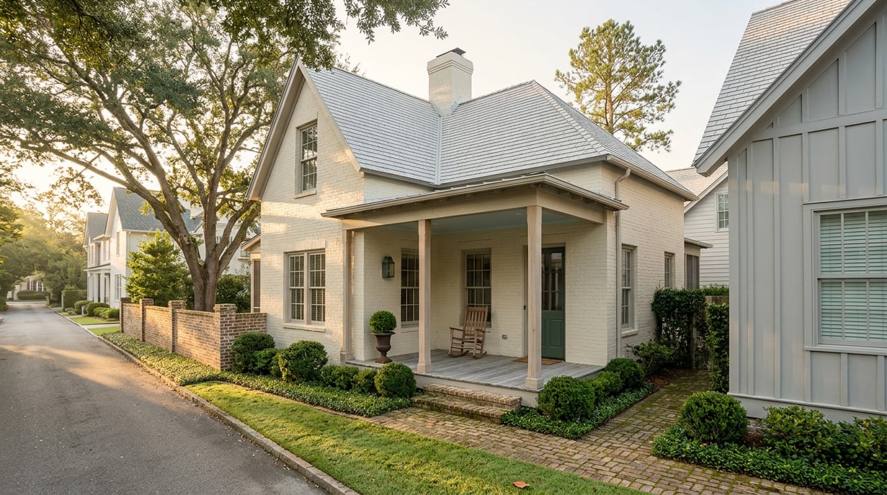 Close-set homes line a curved lane, with a deep porch, rocking chair, brick walkway, and mature oak canopy.
