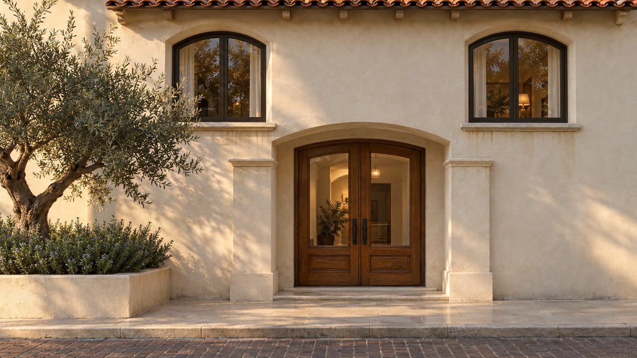 Three-story ivory stucco apartment building with an arched oak-and-glass entry, tiled eaves, and a potted olive tree.