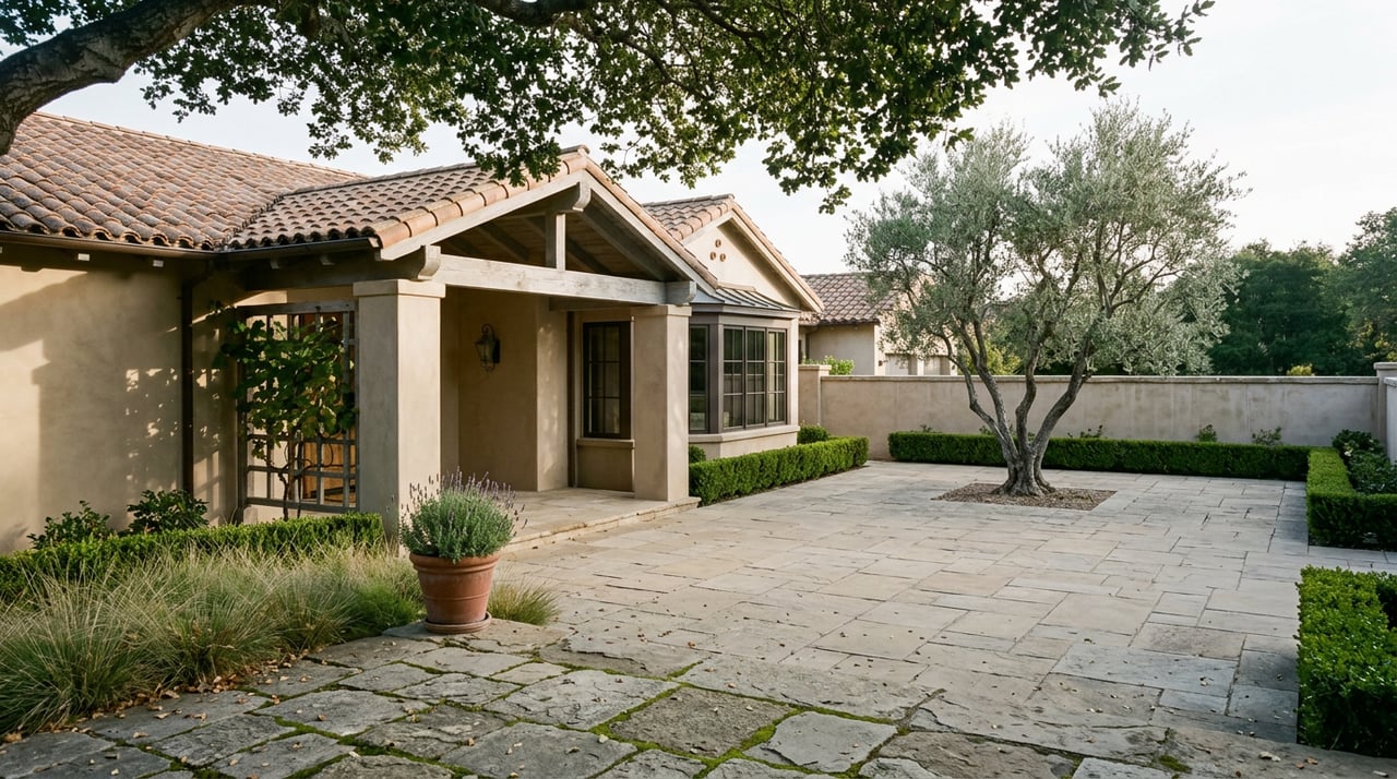 Multi-gable estate home with a timber-beamed entry, sandstone motor court, and a mature olive tree.
