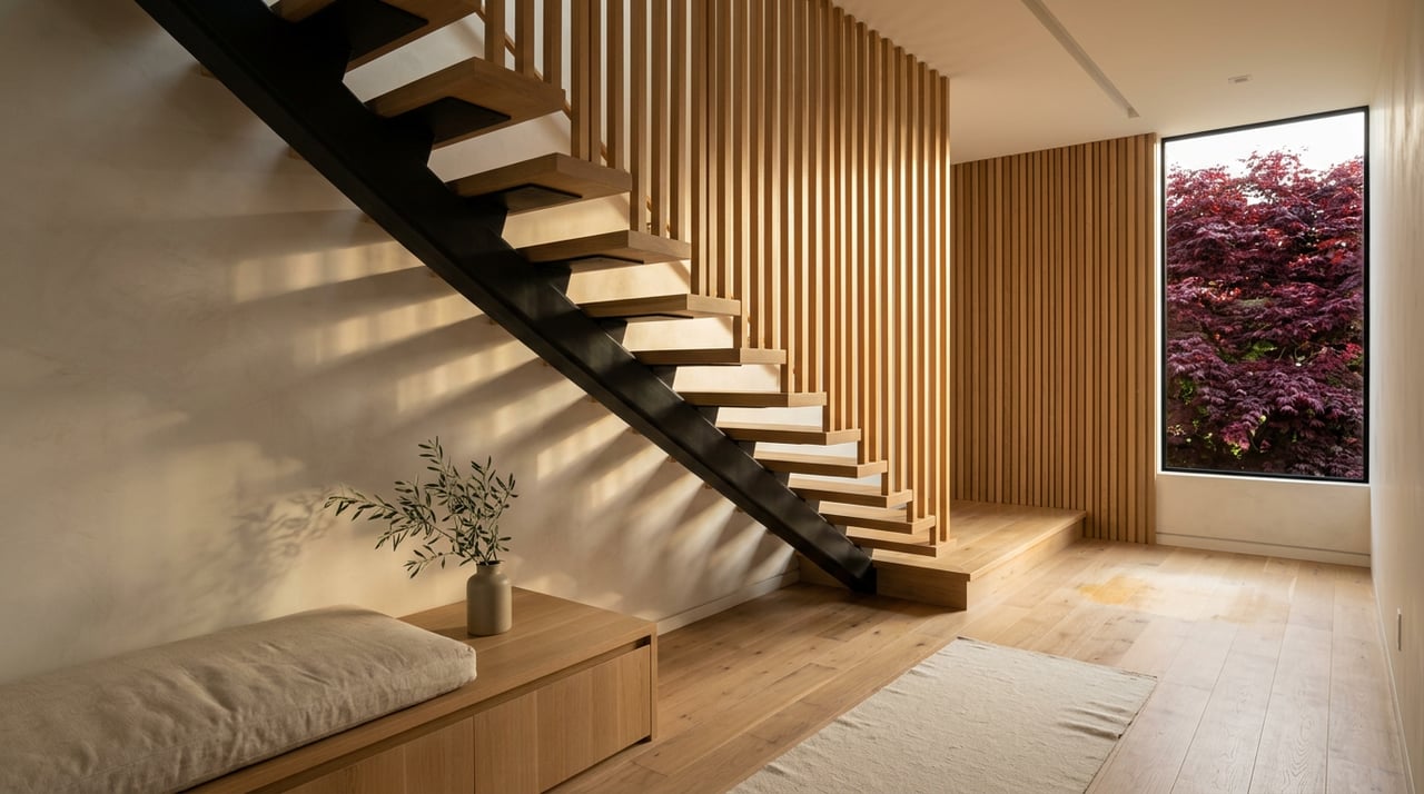 Floating oak staircase with a black steel stringer beneath a clerestory window framing burgundy maple foliage.