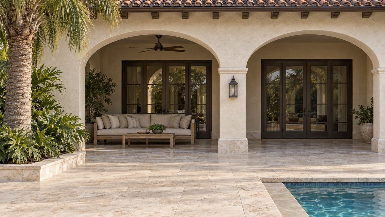 Cream stucco arched loggia with bronze-framed glass doors, teak outdoor seating and a pale travertine terrace beside a pool.