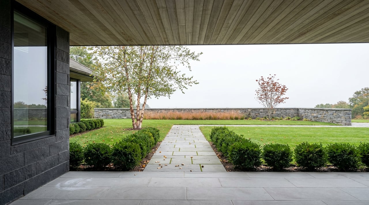 Stone walkway crosses a broad lawn toward a low wall, with a peeling-bark birch and clipped hedges.