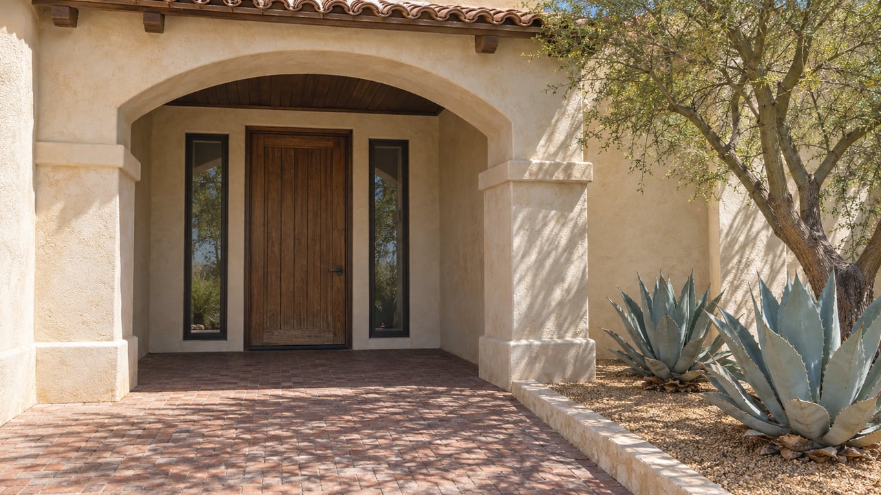 Sunlit stucco arch shelters a timber entry door with bronze-framed sidelights above weathered brick paving and a stone-edged desert planting bed.