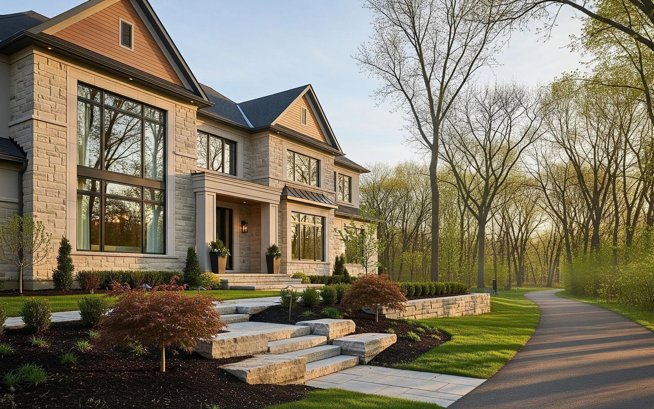 Large stone-and-brick house beside a curving paved path, with landscaped steps and tall trees.