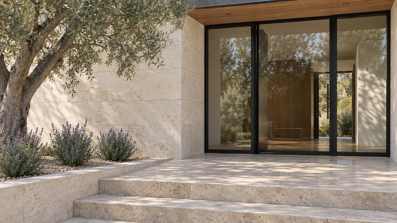 Limestone and glass home entrance beneath an oak soffit, with broad travertine steps and a sculptural olive tree.