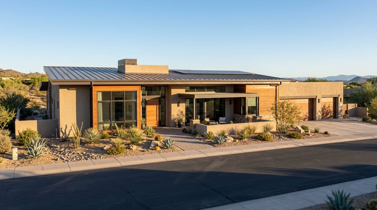 Desert-modern stucco house with rooftop solar panels, wood-slat entry, and xeriscape landscaping.
