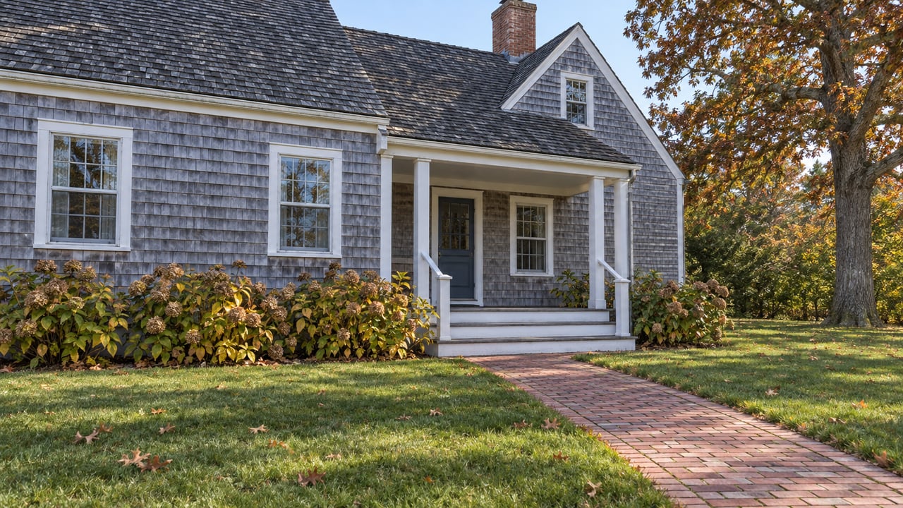 Weathered cedar-shingle home with white-trimmed windows, a recessed porch, brick walk and autumn hydrangeas beyond a deep lawn.