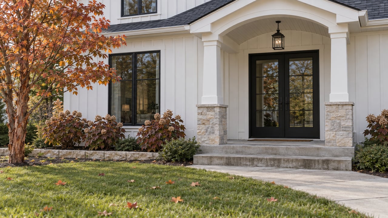 White board-and-batten home with an arched porch, dark-framed glass double doors, concrete steps and autumn foliage.