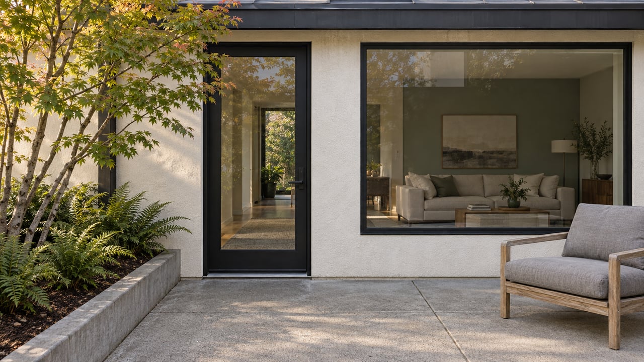 Modern stucco residential entry opening onto a concrete courtyard with a teak lounge chair and a vine maple planting bed.