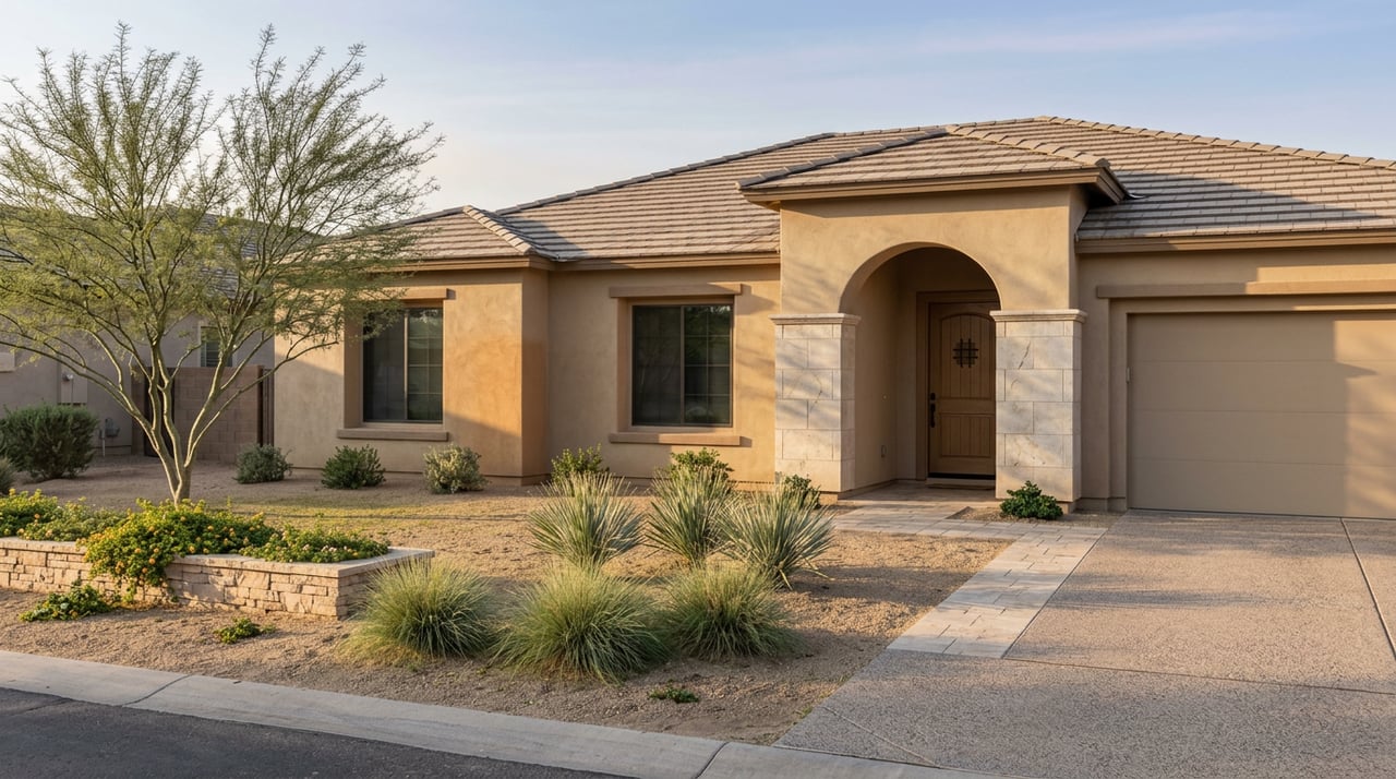 Single-story stucco home with an arched stone entry, tile roof, and palo verde tree beside a decomposed-granite yard.