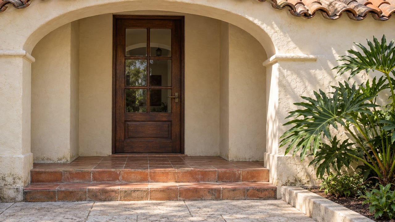 Warm ivory stucco entry with an arched porch, glazed timber door, weathered terracotta steps and lobed tropical leaves.