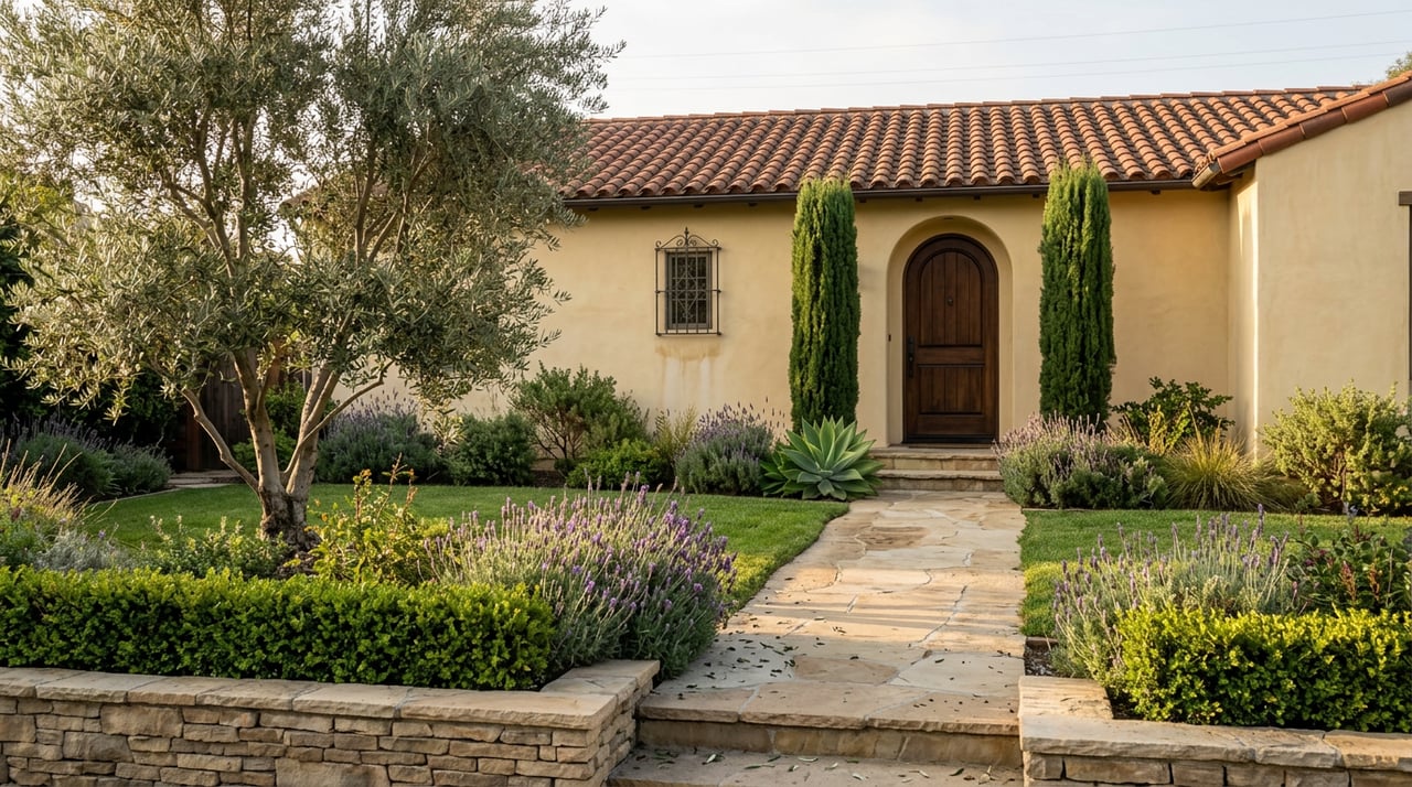 Mediterranean-style home with terracotta roof, arched walnut door, cypress trees, and a flagstone path through a lavender garden.