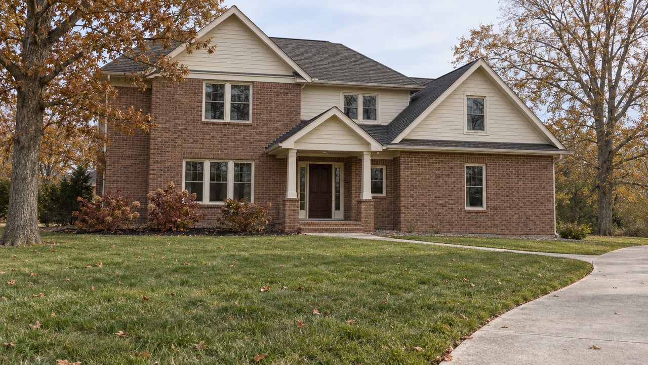 Brick and cream-sided home beyond a broad autumn lawn, framed by an oak and a hickory tree.