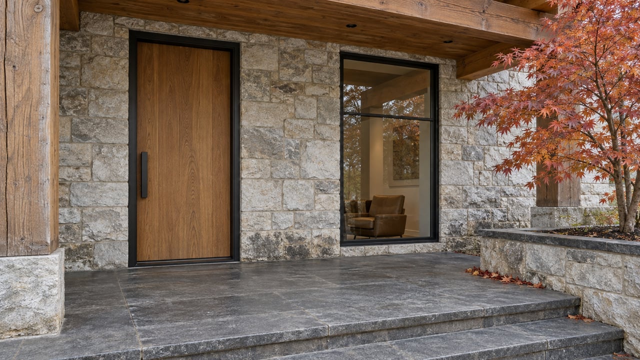 Covered timber entry with pale stone walls, an oak door, charcoal stone steps and one copper-leaved maple.