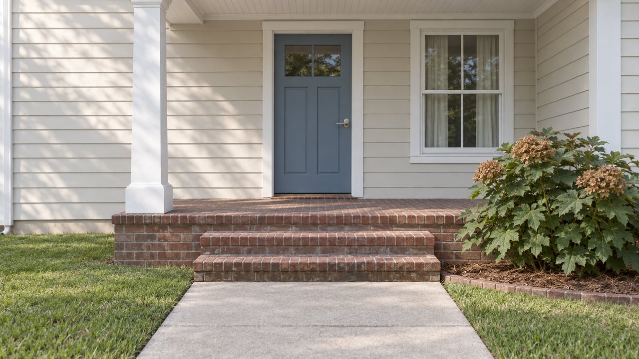Covered front entry with ivory lap siding, a blue-gray door, brick steps and an oakleaf hydrangea beside the walk.