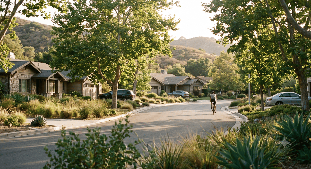 Tree-lined residential street with detached homes, a cyclist, and hills in the background.