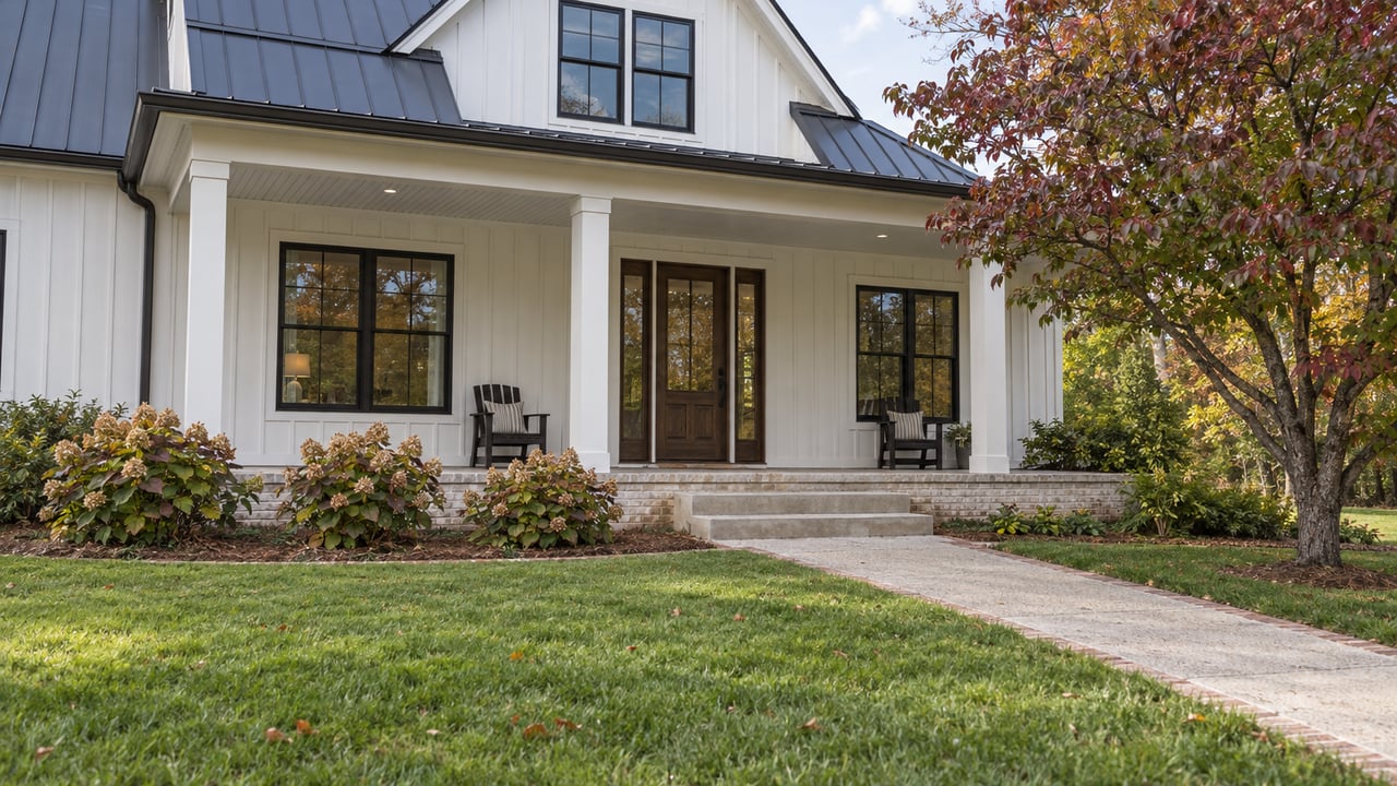 White board-and-batten home with a deep covered porch, brick foundation and concrete approach across an autumn lawn beside a flowering dogwood.