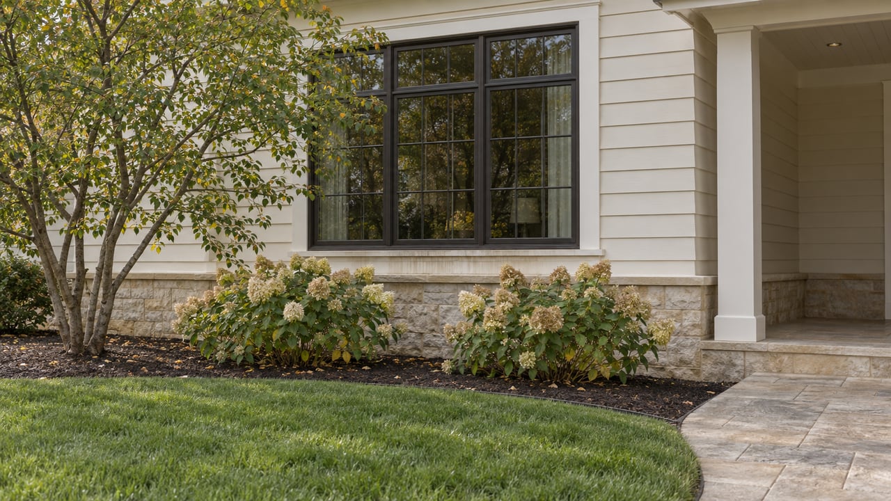 Ivory-sided suburban house with a broad divided-light window, curved planting bed, and limestone-paver approach.