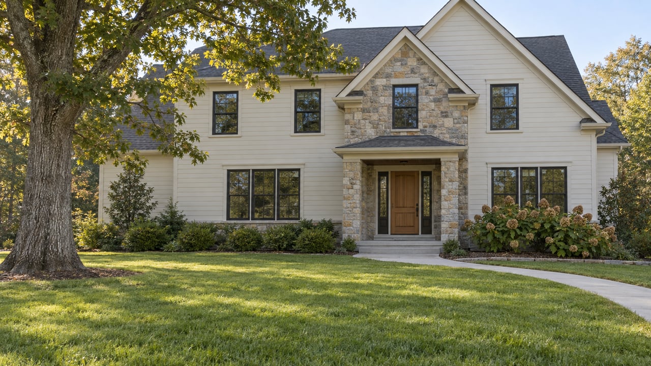 Ivory-sided home with dark windows, a stone entrance, and a deep lawn beneath a mature oak in soft morning light.