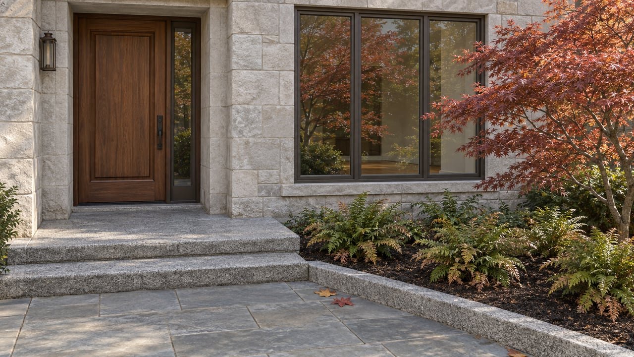 Pale limestone residential entrance with a walnut door, bronze-framed window, granite steps and a copper-red Japanese maple beside a bluestone approach.