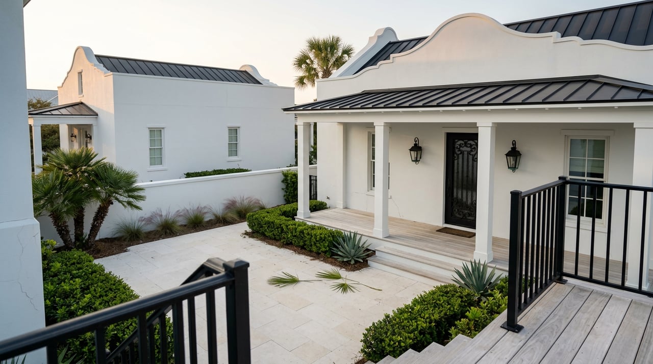 White stucco coastal home with a wrought-iron entry, lantern sconces, palm, and clipped hedge across a paver courtyard.