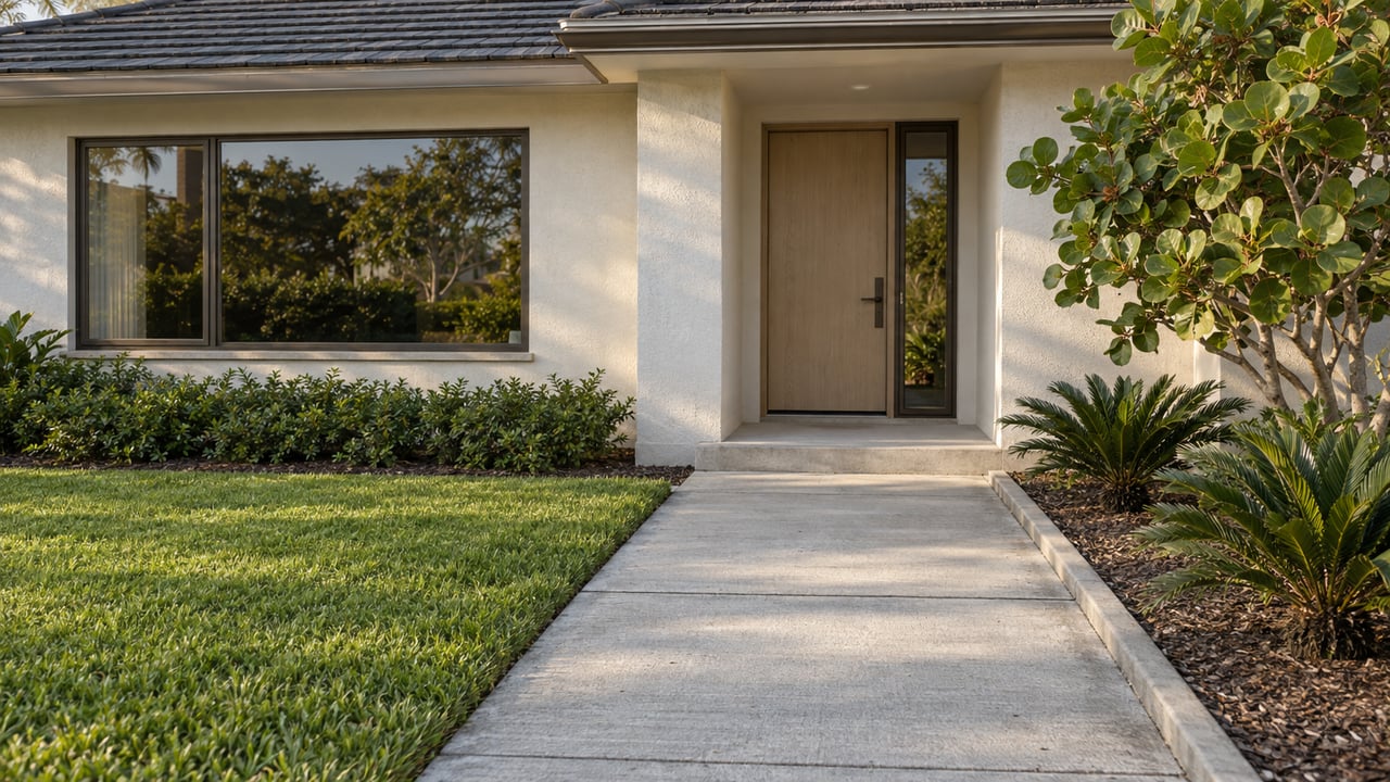 Modern ivory-stucco home with a sheltered wood entry, bronze-framed window, pale concrete approach and sculptural sea grape planting.