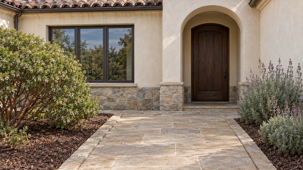 Stone approach bordered by manzanita and Cleveland sage leads to a recessed arched oak doorway beside a dark-framed window in a cream stucco home.