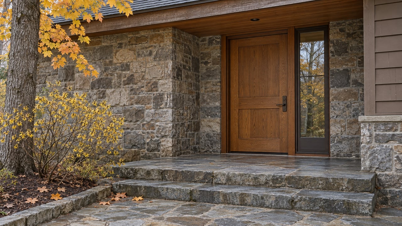 Covered oak entry with stone walls, bluestone steps and copper-yellow maple foliage.