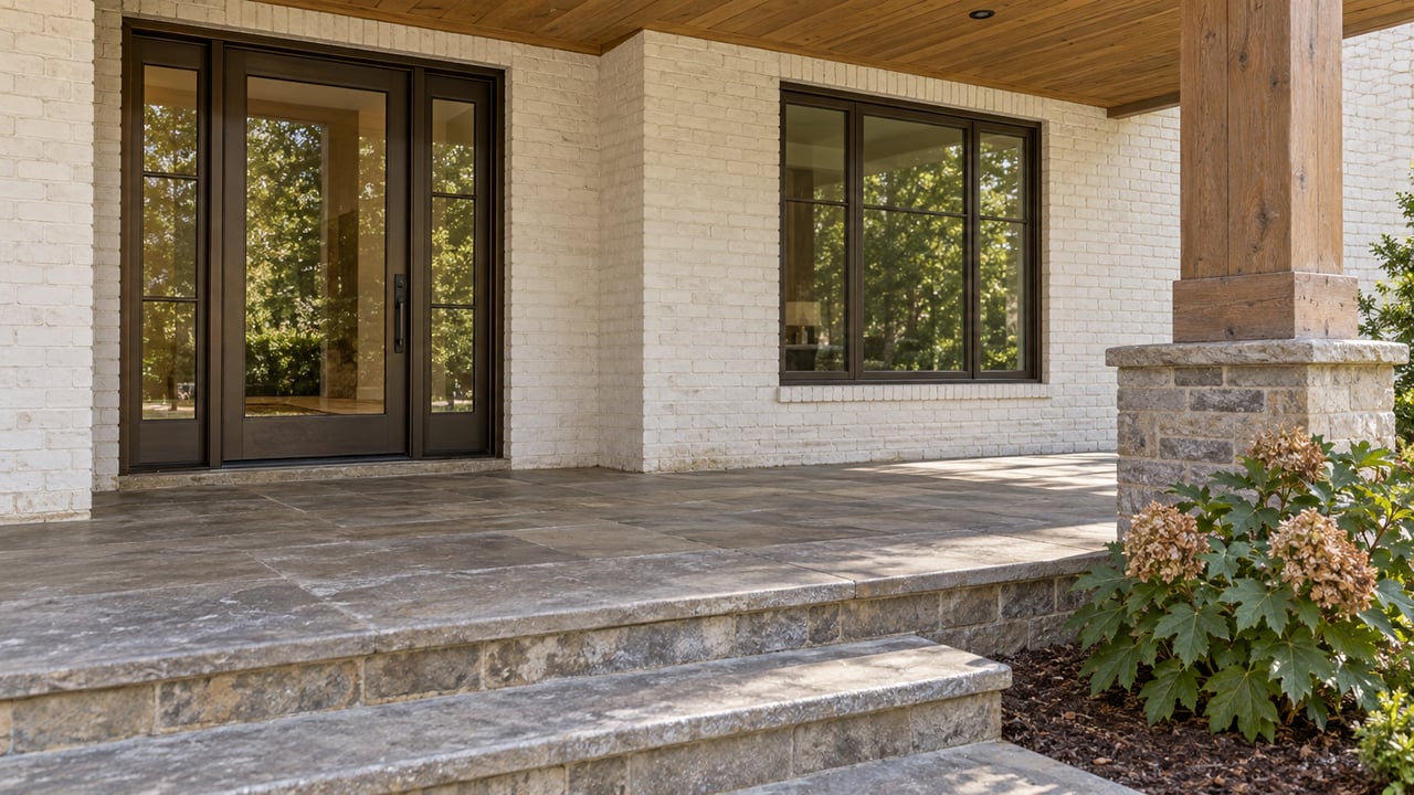 Close view of a painted-brick home's glazed bronze entrance, timber porch ceiling and broad stone steps beside an oakleaf hydrangea.