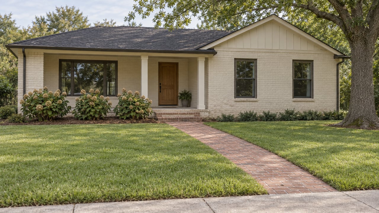 Cream-painted brick home with a recessed porch, bronze-framed windows, deep front lawn and a mature white oak.