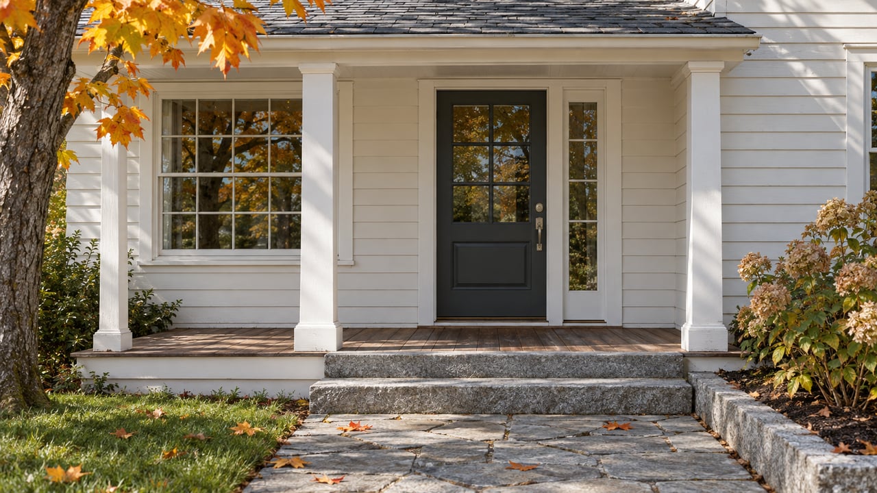 White clapboard home entry with divided-light glazing, weathered wood porch, granite steps and golden maple leaves.