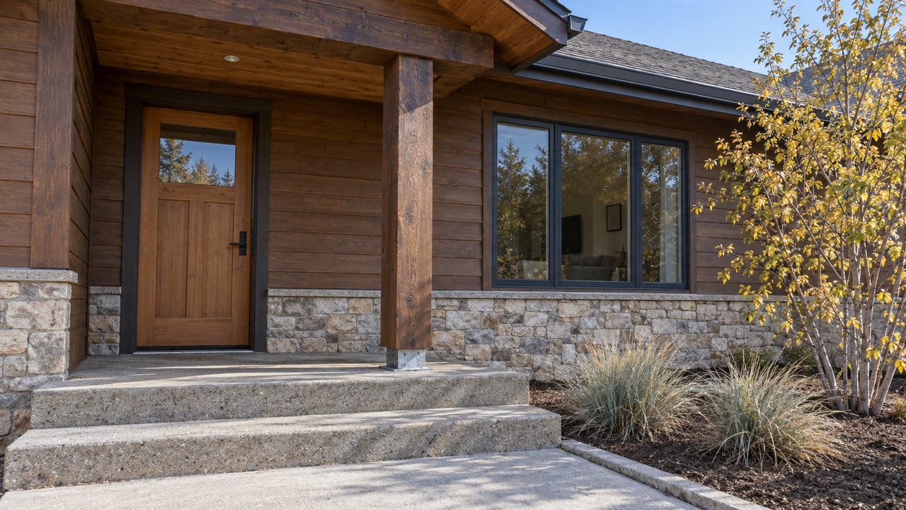 Home entrance with a covered wooden porch, stone base, and yellow autumn foliage.
